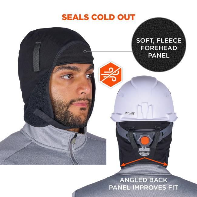 Close-up of a man wearing a black fleece-lined balaclava hood and gray zip jacket, white helmet visible.