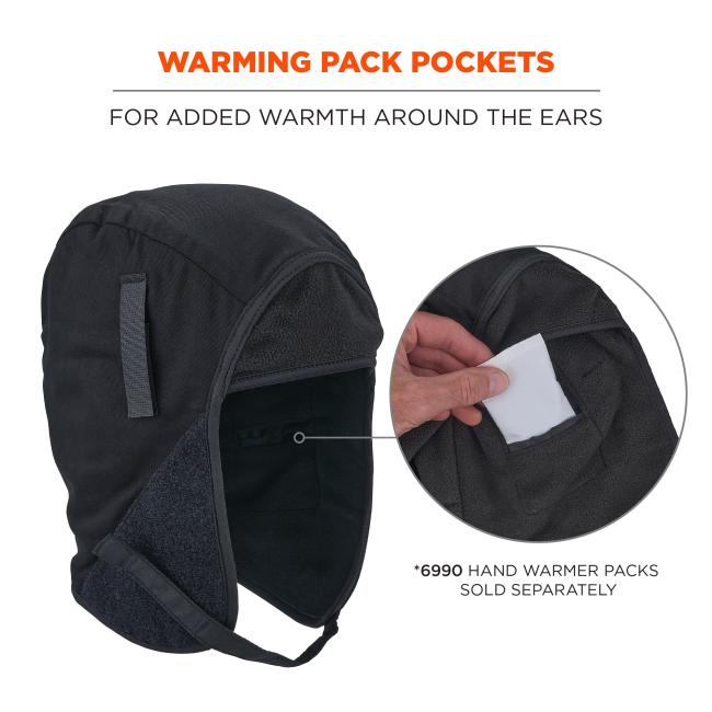Black winter hat with fleece-lined ear flaps and a hand inserting a white warming pack into an inner pocket