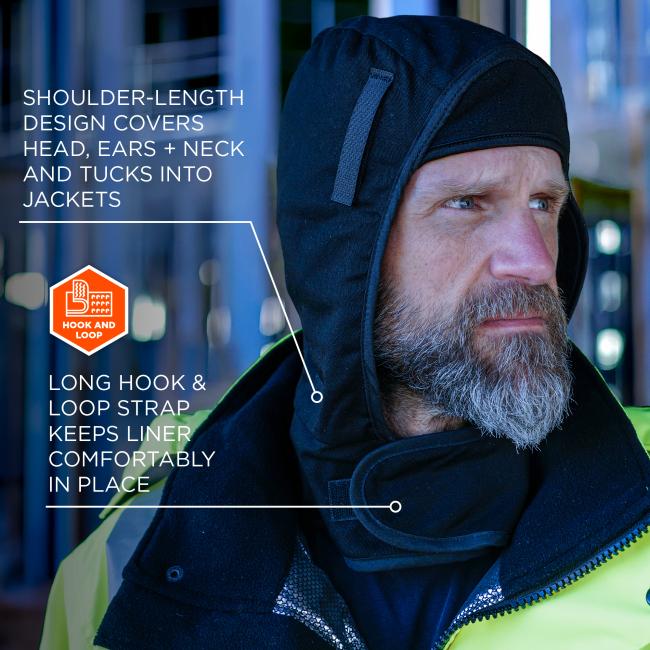Close-up of a bearded man wearing a black hooded liner with hook-and-loop strap and a high-visibility yellow jacket