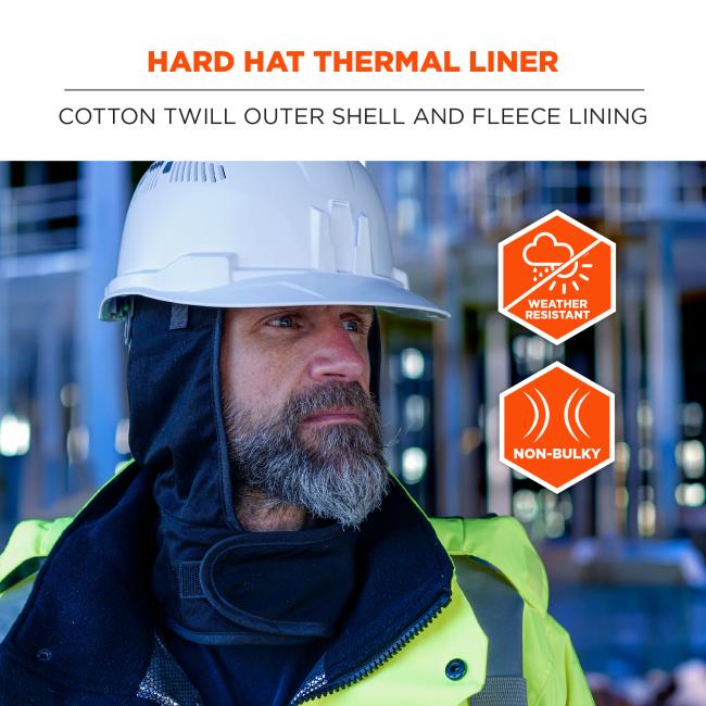 Man in white hard hat with black thermal hood and neon yellow hi-vis jacket; orange weather-resistant and non-bulky icons