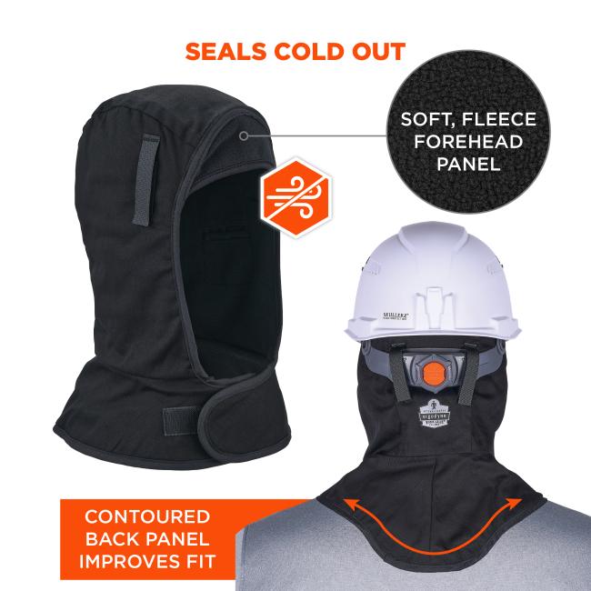 Black hood liner shown front and back with soft fleece forehead panel, white hard hat placed on top, magnified fleece texture and orange callouts