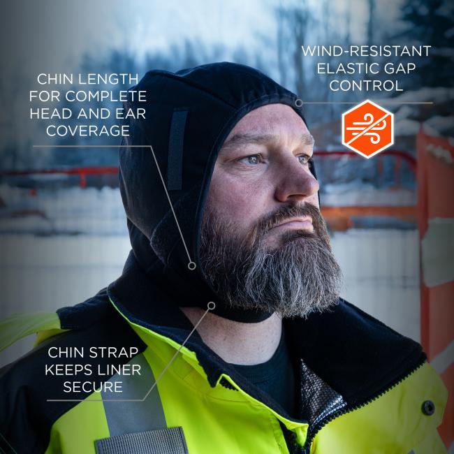 Chin Length: The liner extends to chin length for complete head and ear coverage. It features a chin strap to keep the liner secure and includes wind-resistant elastic gap control.