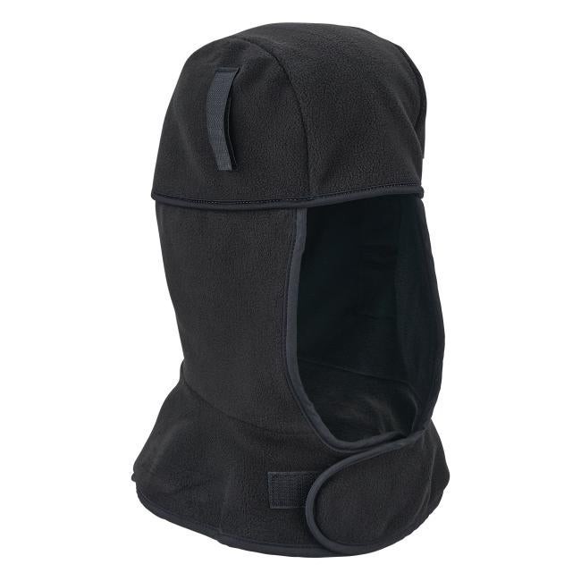 Black fleece hood with open face, extended neck coverage and exterior hook-and-loop strap