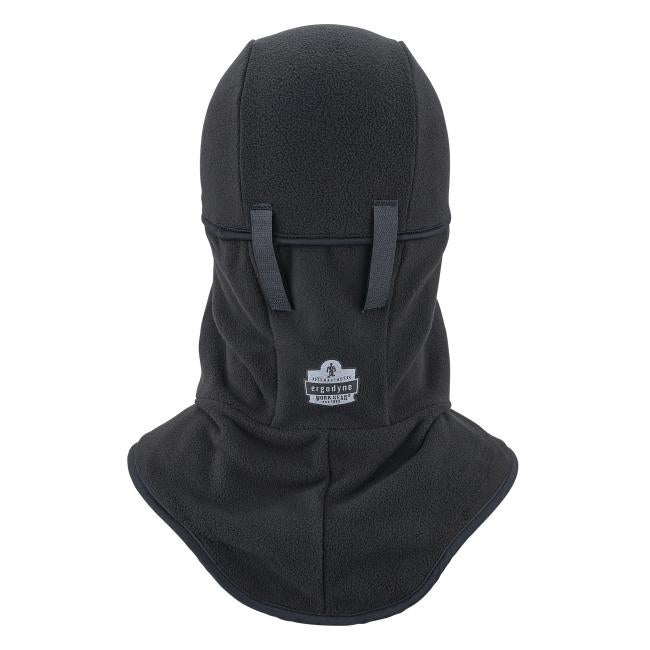 Black fleece hood with extended neck covering, two short fabric straps on the front and a small rectangular patch at center