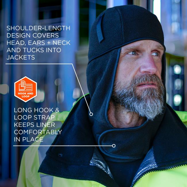 Close-up of a bearded man wearing a black shoulder-length hood liner tucked into a neon yellow jacket, partial face visible