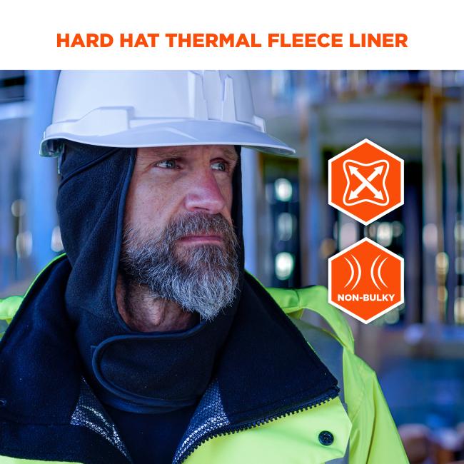 Bearded man wearing a white hard hat over a black fleece hood liner and neon yellow jacket, orange icons at right.