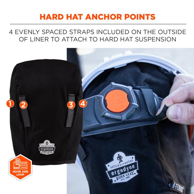 Hard Hat Anchor Points: Four evenly spaced straps are located on the outside of the liner to attach securely to the hard hat suspension.