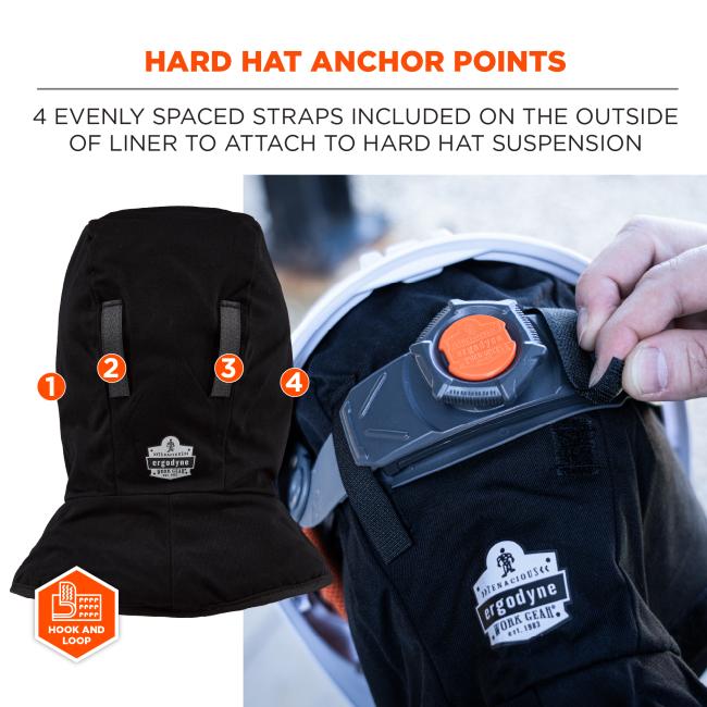 Hard Hat Anchor Points: Four evenly spaced straps are included on the outside of the liner to attach securely to the hard hat suspension.