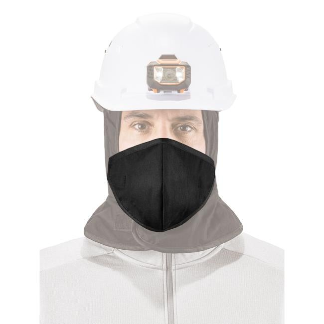Front view of a faded out model wearing a prominent black thermal mouthpiece