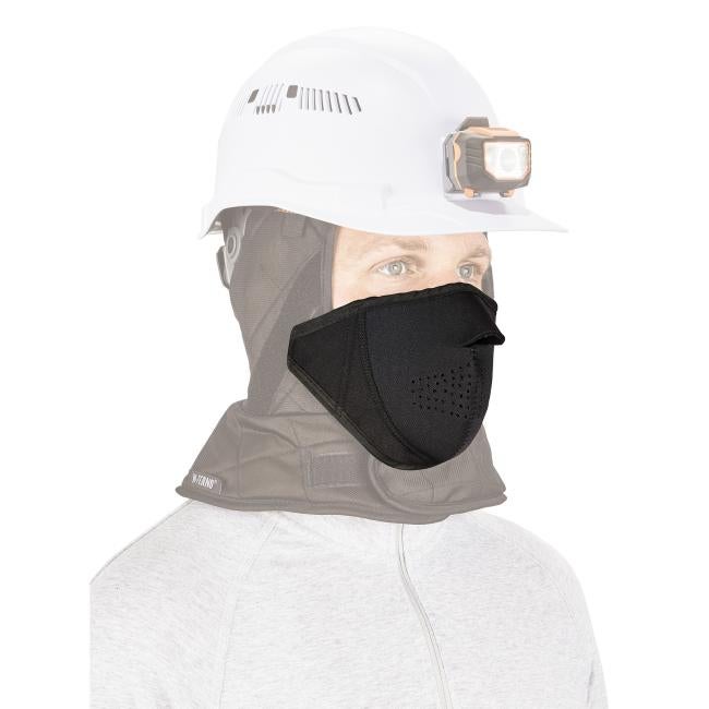 3q view of a faded model wearing a prominent black neoprene thermal mouthpiece