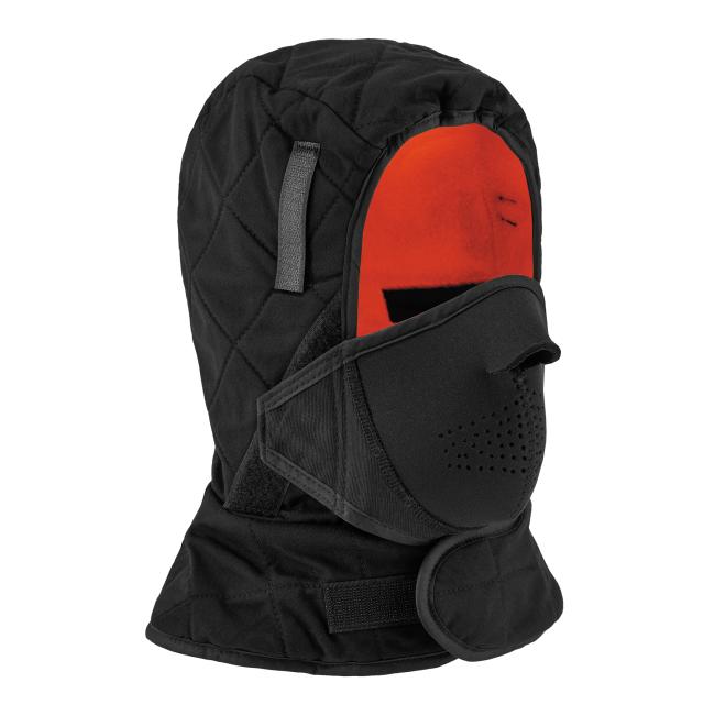 3q view of neoprene thermal mouthpiece attached to a black hard hat liner