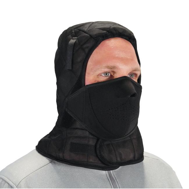 Black neoprene hard hat liner and mouthpiece on model