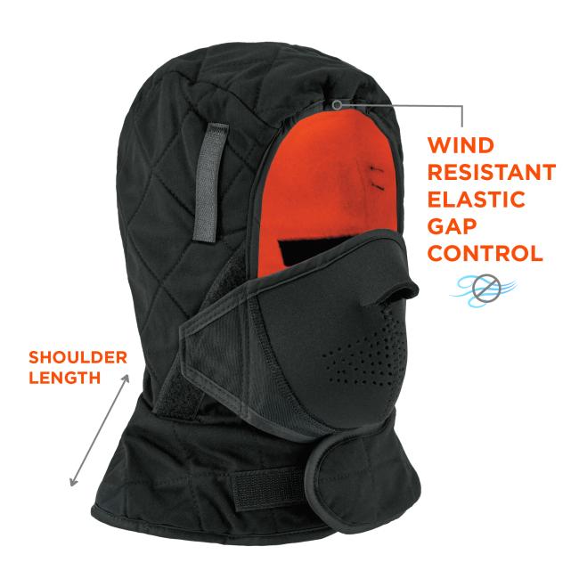 Hard hat liner kit provides wind resistant elastic gap control and is shoulder length.