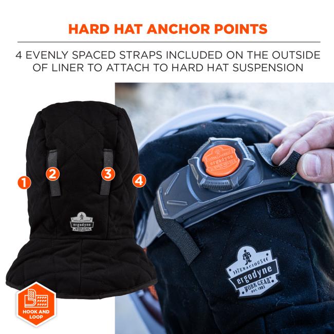 Hard Hat Anchor Points: Four evenly spaced hook-and-loop straps are included on the outside of the liner, allowing for secure attachment to a hard hat suspension.