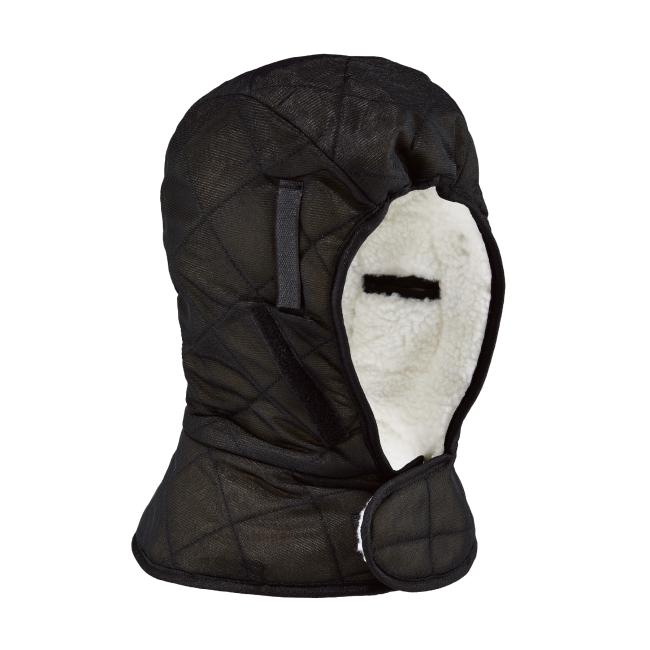 Sherpa hard hat liner features a quilted outer shell, soft fleece lining, and a secure hook-and-loop chin strap for a snug and protective fit.