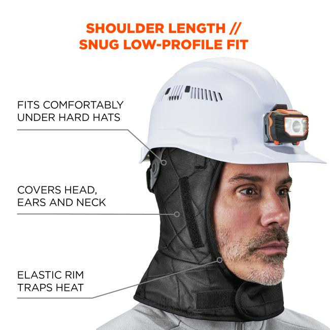 Shoulder length with a snug low-profile fit. Fits comfortably under hard hats. Covers the head, ears, and neck. Elastic rim helps trap heat for added warmth.