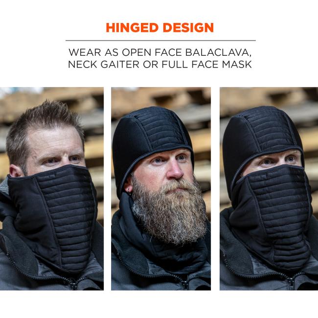 Hinged design: wear as open face balaclava, neck gaiter or full face mask