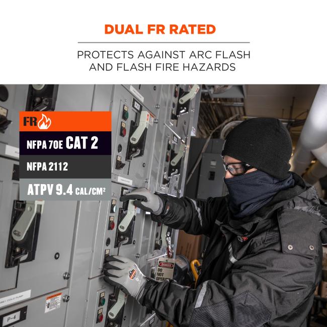 Dual FR rated: Protects against arc flash and flash fire hazards. Icons say: FR, NFPA 70E CAT 2, NFPA 2112, ATPV 9.4 CAL/CM2