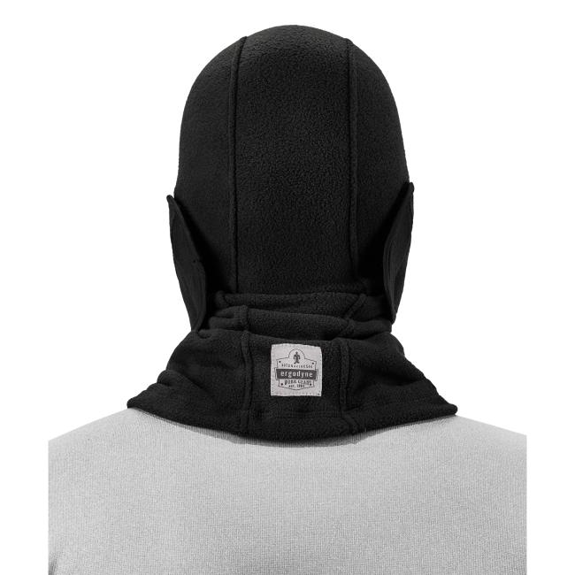 Back of black extreme cold balaclava face mask on model
