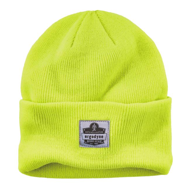 Lime rib knit beanie as part of the winter warming kit