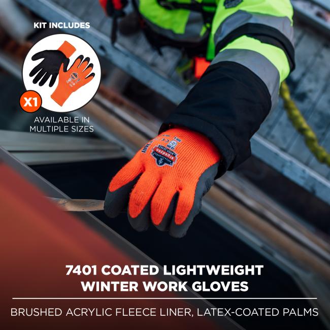 7401 Coated Lightweight Winter Work Gloves: The kit includes one pair of gloves, available in multiple sizes. These gloves have a brushed acrylic fleece liner and latex-coated palms.