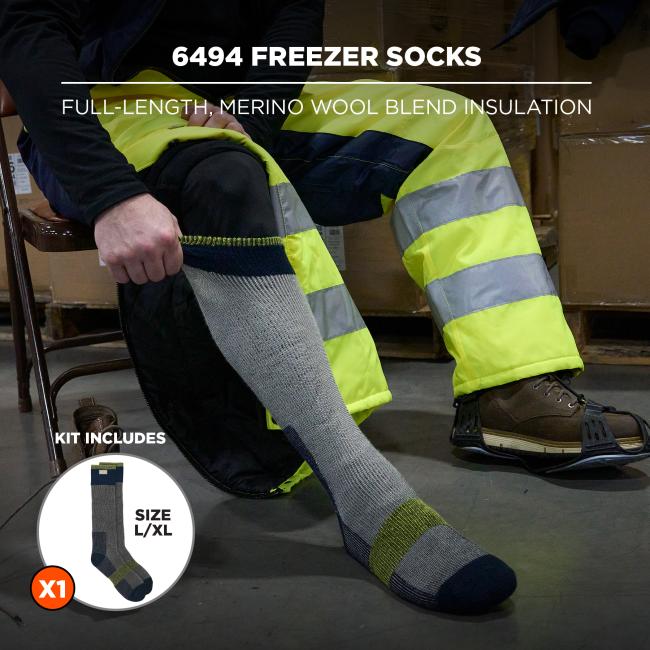 6494 Freezer Socks: Full-length socks made from a merino wool blend for insulation. The kit includes one pair in size L/XL.