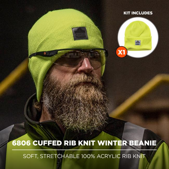 6806 Cuffed Rib Knit Winter Beanie: The kit includes one beanie made from soft, stretchable 100% acrylic rib knit.