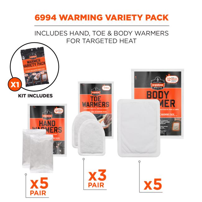 6994 Warming Variety Pack: Includes one kit with 5 pairs of hand warmers, 3 pairs of toe warmers, and 5 body warmers for targeted heat.
