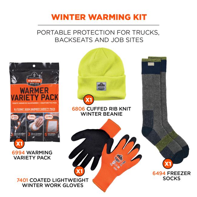Winter Warming Kit: Provides portable protection for trucks, backseats, and job sites. The kit includes one 6806 Cuffed Rib Knit Winter Beanie, one 6994 Warming Variety Pack, one pair of 7401 Coated Lightweight Winter Work Gloves, and one pair of 6494 Freezer Socks.