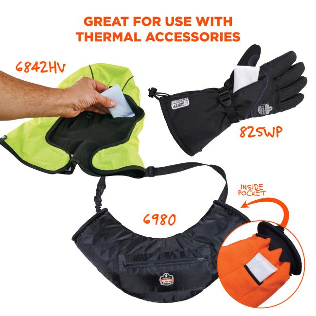 Great for use with thermal accessories like the 6842HV winter hard hat liner, 825WP glove, and 6980 hand warmer muff.