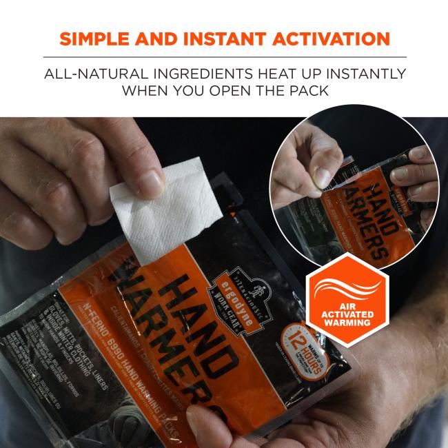 Simple and instant activation: all-natural ingredients heat up instantly when you open the pack. Hand warmers are air activated