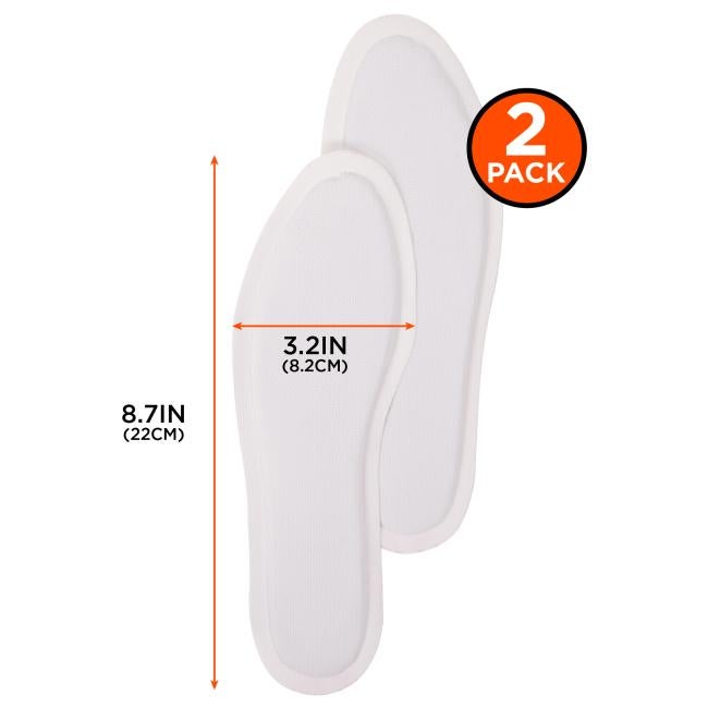 Dimensions: insole foot warmers have a length of 8.7 inches or 22cm and a width of 3.2 inches or 8.2cm. Each bag contains two insole foot warmers