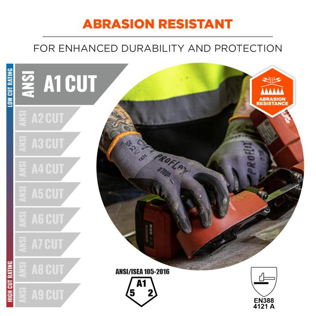 Abrasion resistant: for enhanced durability and protection. Compliant to ANSI/ISEA 105-2016 A1 EN388 4121 A standards