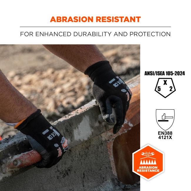 Abrasion resistant: for enhanced durability and protection. Compliant to ANSI/ISEA 105-2024 and EN388 4121X standards