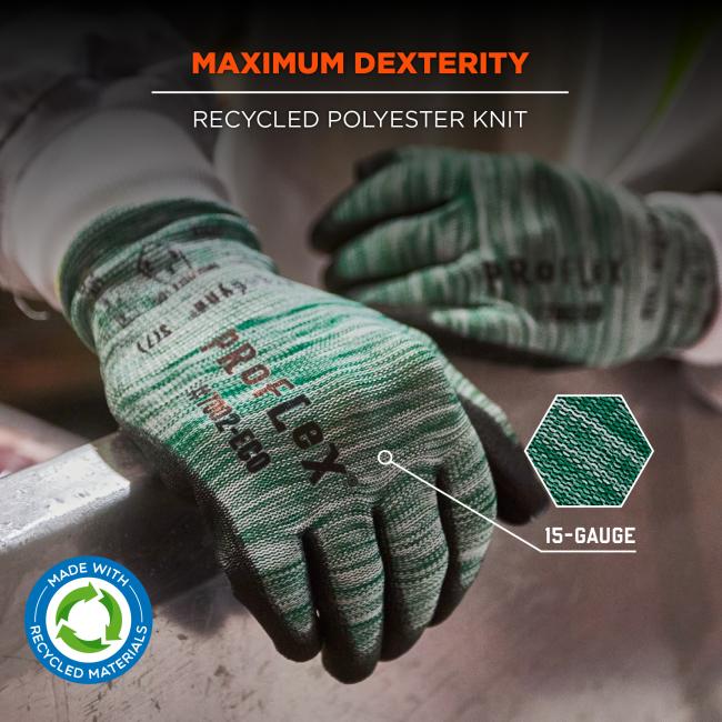 Maximum dexterity: recycled polyester knit. Made of 15 gauge pu material. Made with recycled materials