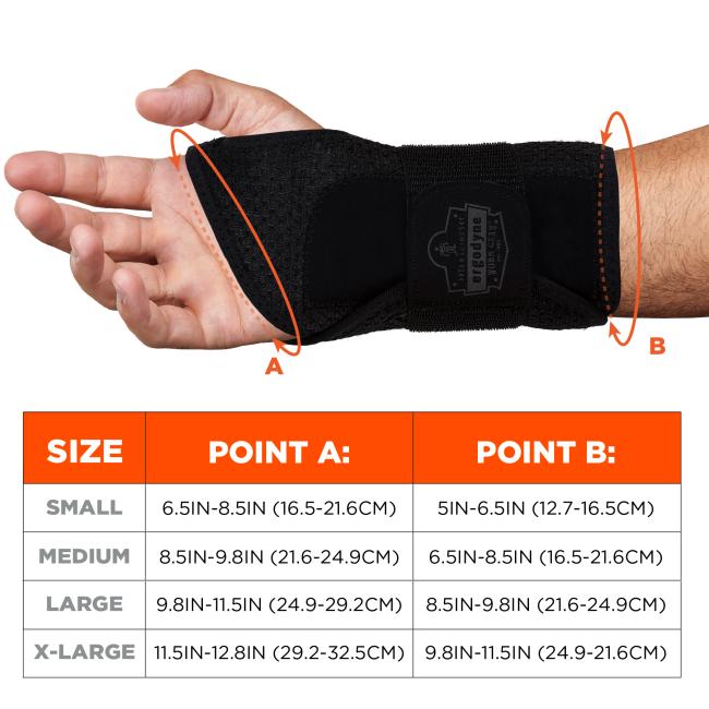 Size chart. Small (S): Point A: 6.5IN-8.5IN (16.5-21.6CM), Point B: 5IN-6.5IN (12.7-16.5CM). Medium (M): Point A: 8.5IN-9.8IN (21.6-24.9CM), Point B: 6.5IN-8.5IN (16.5-21.6CM). Large (L): Point A: 9.8IN-11.5IN (24.9-29.2CM), Point B: 8.5IN-9.8IN (21.6-24.9CM). X-Large (XL): Point A: 11.5IN-12.8IN (29.2-32.5CM), Point B: 9.8IN-11.5IN (24.9-26.1CM)