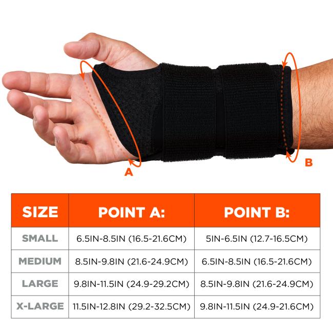 Size chart. Small (S): Point A: 6.5IN-8.5IN (16.5-21.6CM), Point B: 5IN-6.5IN (12.7-16.5CM). Medium (M): Point A: 8.5IN-9.8IN (21.6-24.9CM), Point B: 6.5IN-8.5IN (16.5-21.6CM). Large (L): Point A: 9.8IN-11.5IN (24.9-29.2CM), Point B: 8.5IN-9.8IN (21.6-24.9CM). X-Large (XL): Point A: 11.5IN-12.8IN (29.2-32.5CM), Point B: 9.8IN-11.5IN (24.9-26.1CM)