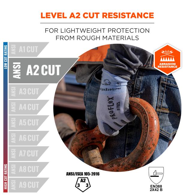 Level A2 cut resistance: for lightweight protection from rough materials. Abrasion resistance and compliant to ansi/isea 105-2016 and EN388 2X42 B standards.