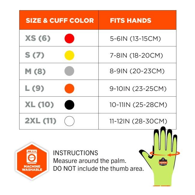 Size chart instructions: measure around the palm. DO NOT include the thumb area. Size & cuff color XS (6) fits hands 5-6in(13-15cm). S(7) fits hands 7-8in(18-20cm). M(8) fits hand 8-9in(20-23cm). L(9) fits hands 9-10in(23-25cm). XL(10) fits hands 10-11in(25-28cm). 2XL(11) fits hands 11-12in(28-30cm). Machine washable.