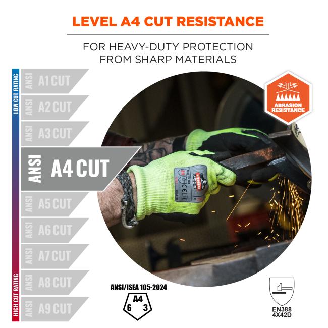 Level A4 cut resistance: for heavy-duty protection from sharp materials. Abrasion resistant. Compliant to ANSI/ISEA 105-2024 and EN388 4X42D standards