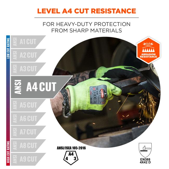 Level A4 cut resistance: for heavy-duty protection from sharp materials. Abrasion resistant and compliant to ansi/isea 105-2016 and EN388 4X42 D standards.