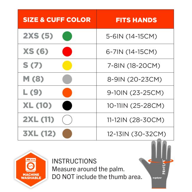 Glove size chart table showing cuff color dots for sizes 2XS to 3XL with hand measurement ranges, machine washable icon and glove illustration.
