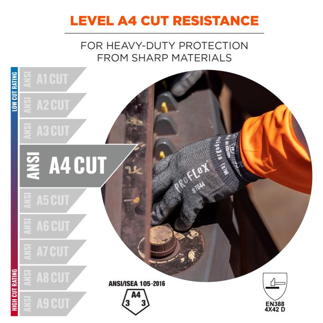 Level A4 cut resistance: for heavy-duty protection from sharp materials. Compliant to ansi/isea 105-2016 and EN388 4X42 D standards.