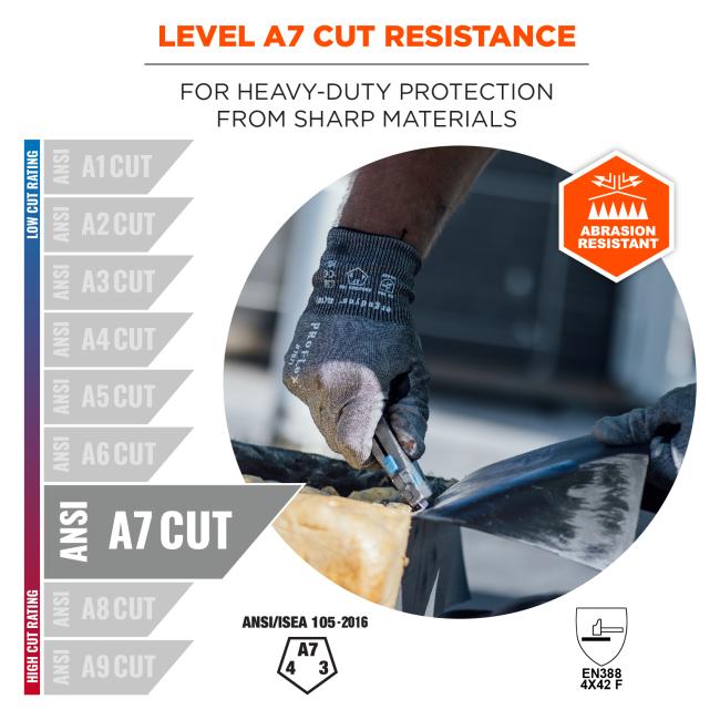 Level A7 cut resistance: for heavy-duty protection from sharp materials. Abrasion resistant and compliant to ansi/isea 105-2016 and EN388 4X42 F standards