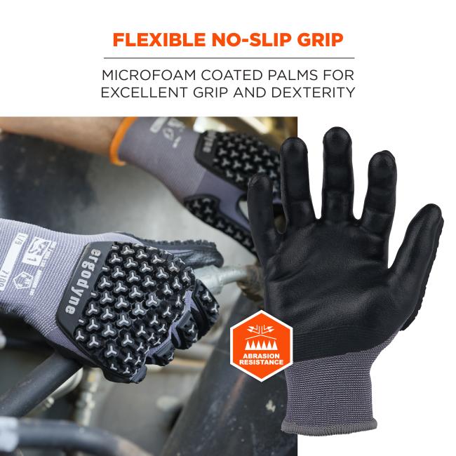 Pair of gray knit gloves with black microfoam-coated palms and textured anti-slip pads, one palm facing viewer and orange abrasion-resistance badge