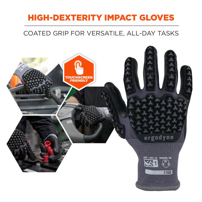 Close-up right-hand black and gray impact work glove with raised rubber protective pads on fingers and palm; hexagonal collage shows gloves in use