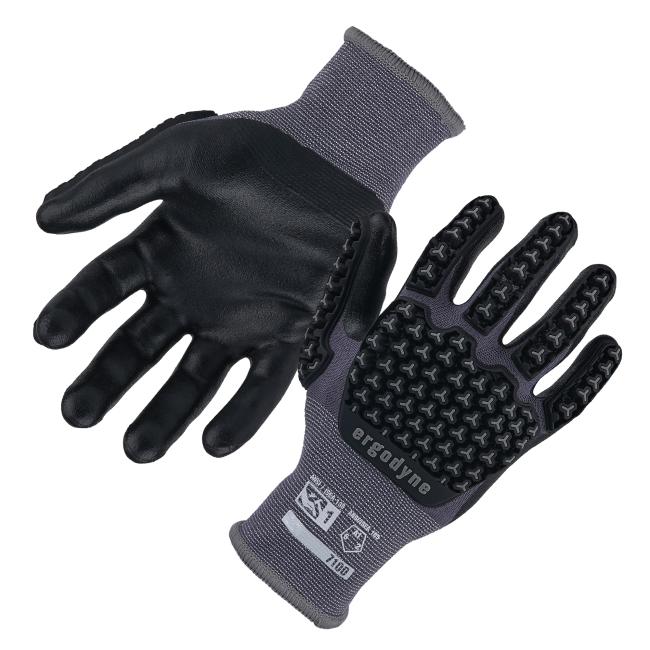 Pair of black-coated work gloves with gray knit cuffs and raised rubber patterned grip pads on the back of the fingers and palm.