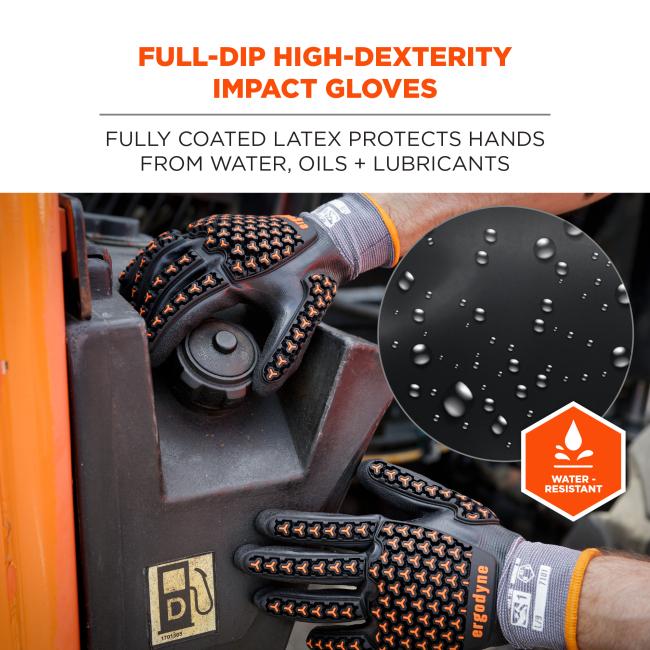 Hands wearing black work gloves with orange textured impact pads on machinery, inset circle of water droplets and water-resistant badge