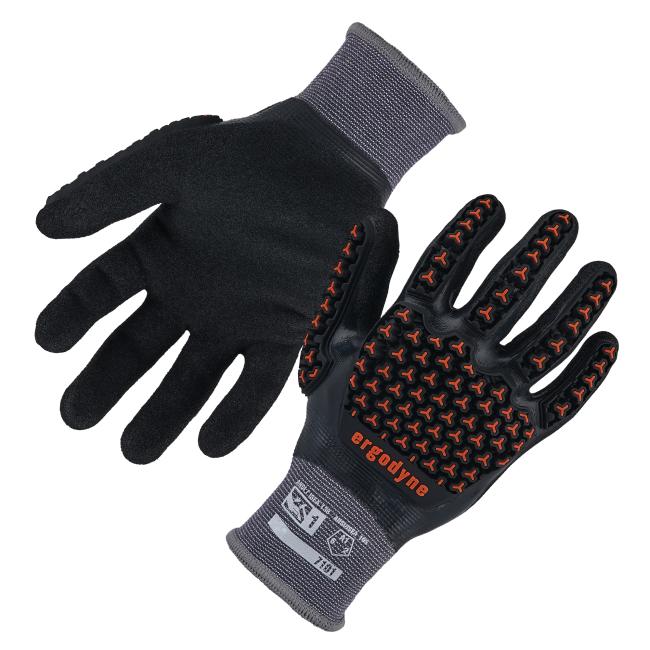 Two black protective gloves, one palm up showing orange triangular rubber grip pattern, both with gray knit cuffs