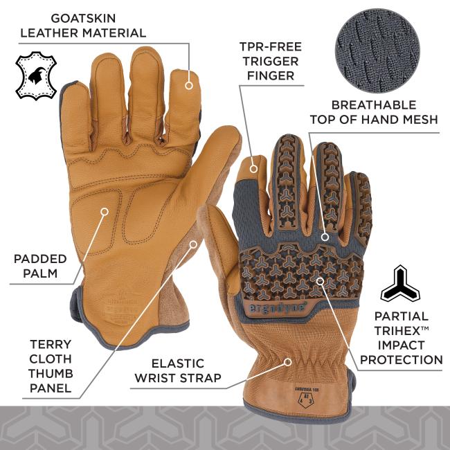 Two tan leather gloves on white background — left palm view with padded panels; right back view with black mesh, rubber hex-pattern impact protectors and elastic wrist.